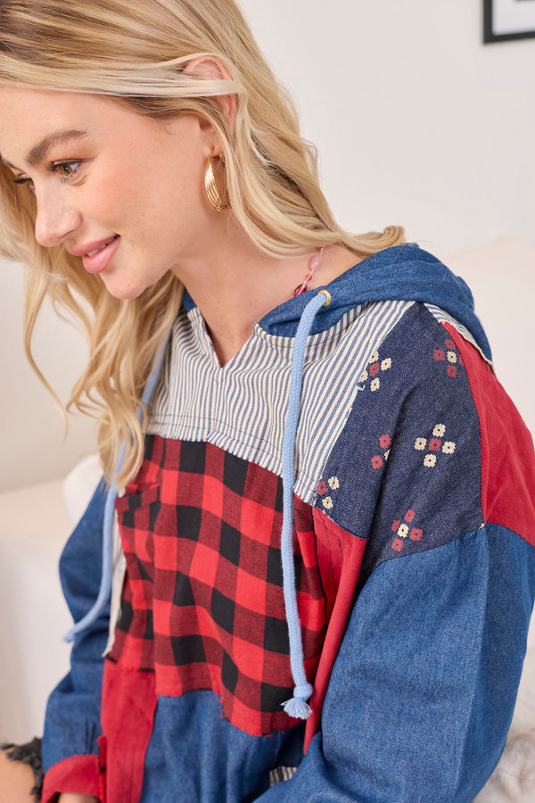 The Americana Patchwork Hoodie in Cherry Denim - Myra USA