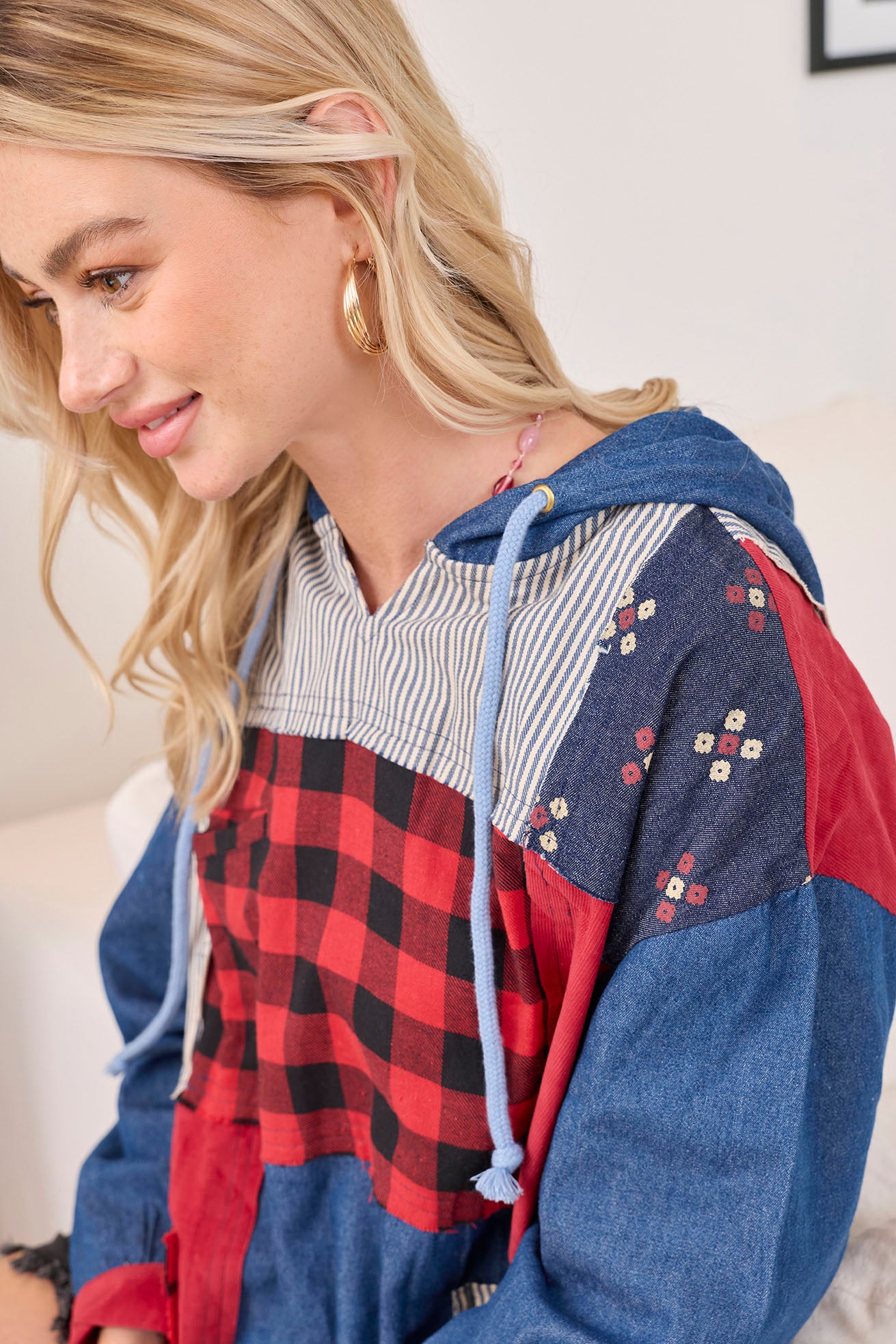 The Americana Patchwork Hoodie in Cherry Denim - Myra USA