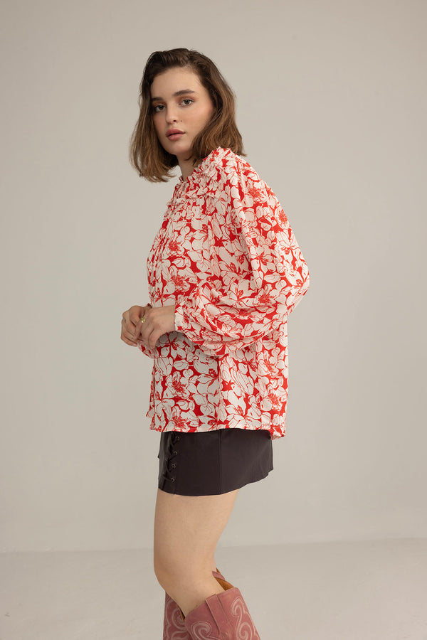Cherry Fleur Ruffle Top in Crimson Pink - Myra USA