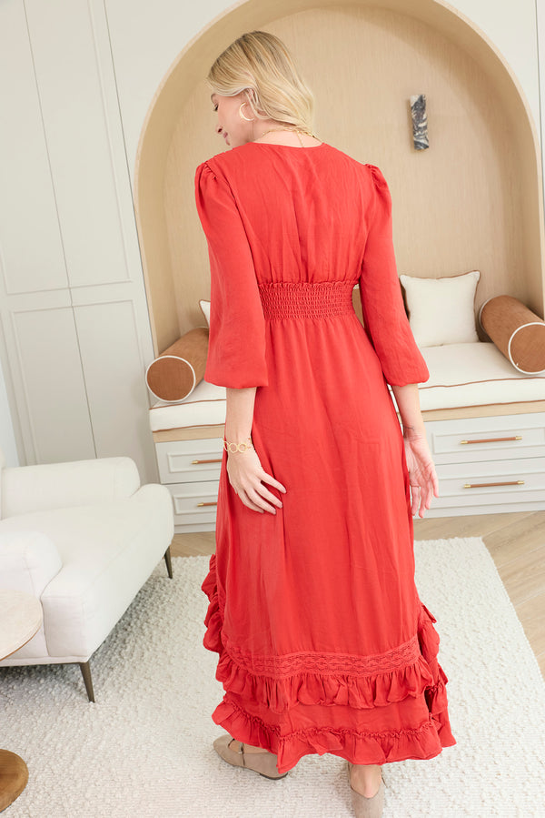 Rumba Rouge Satin Dress in Spiced Red - Myra USA