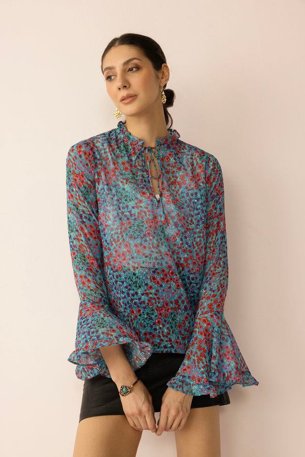 Rosette Reverie Top in Blue - Myra USA