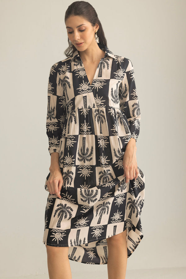 Palm Theory Maxi Dress in Navy Blue & Cream - Myra USA