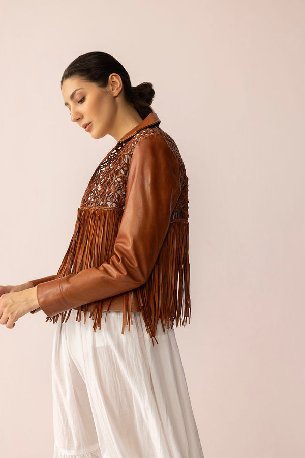 Boheme Braids Leather Jacket in Maple Brown - Myra USA