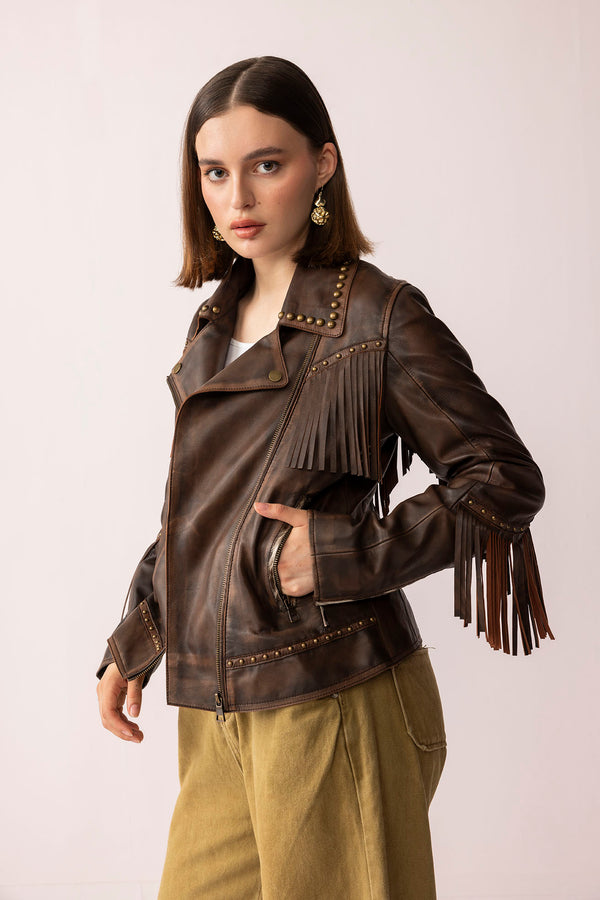 Fury Rider Leather Jacket in Smoky Brown - Myra USA