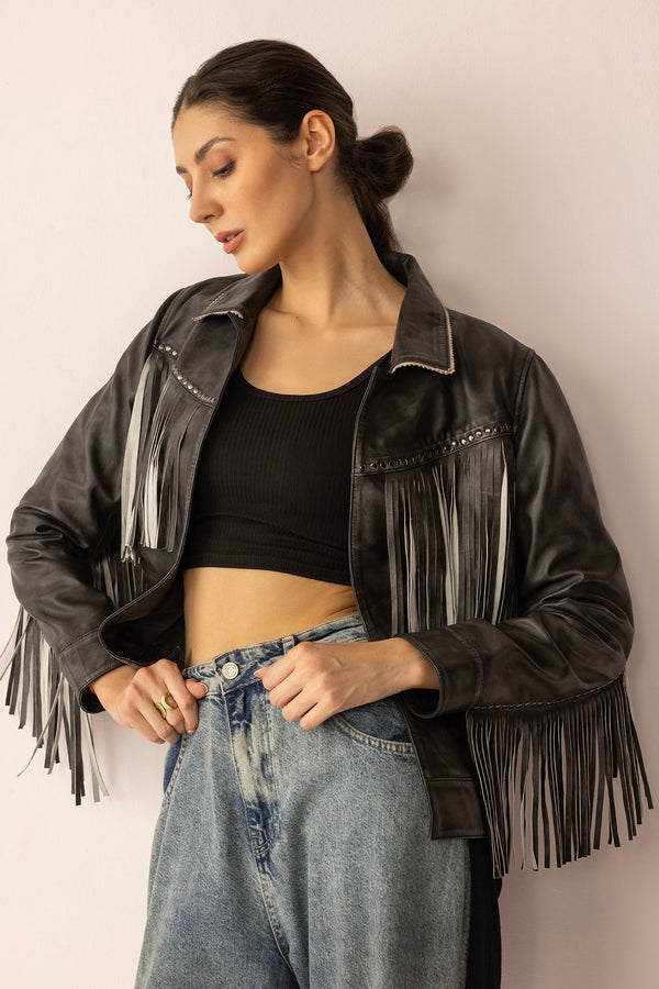 Midnight Maverick Leather Jacket in Shadow Black - Myra USA