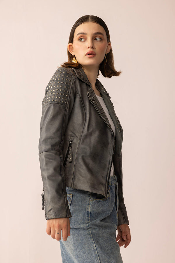 Shadow Storm Leather Jacket in Moon Grey - Myra USA