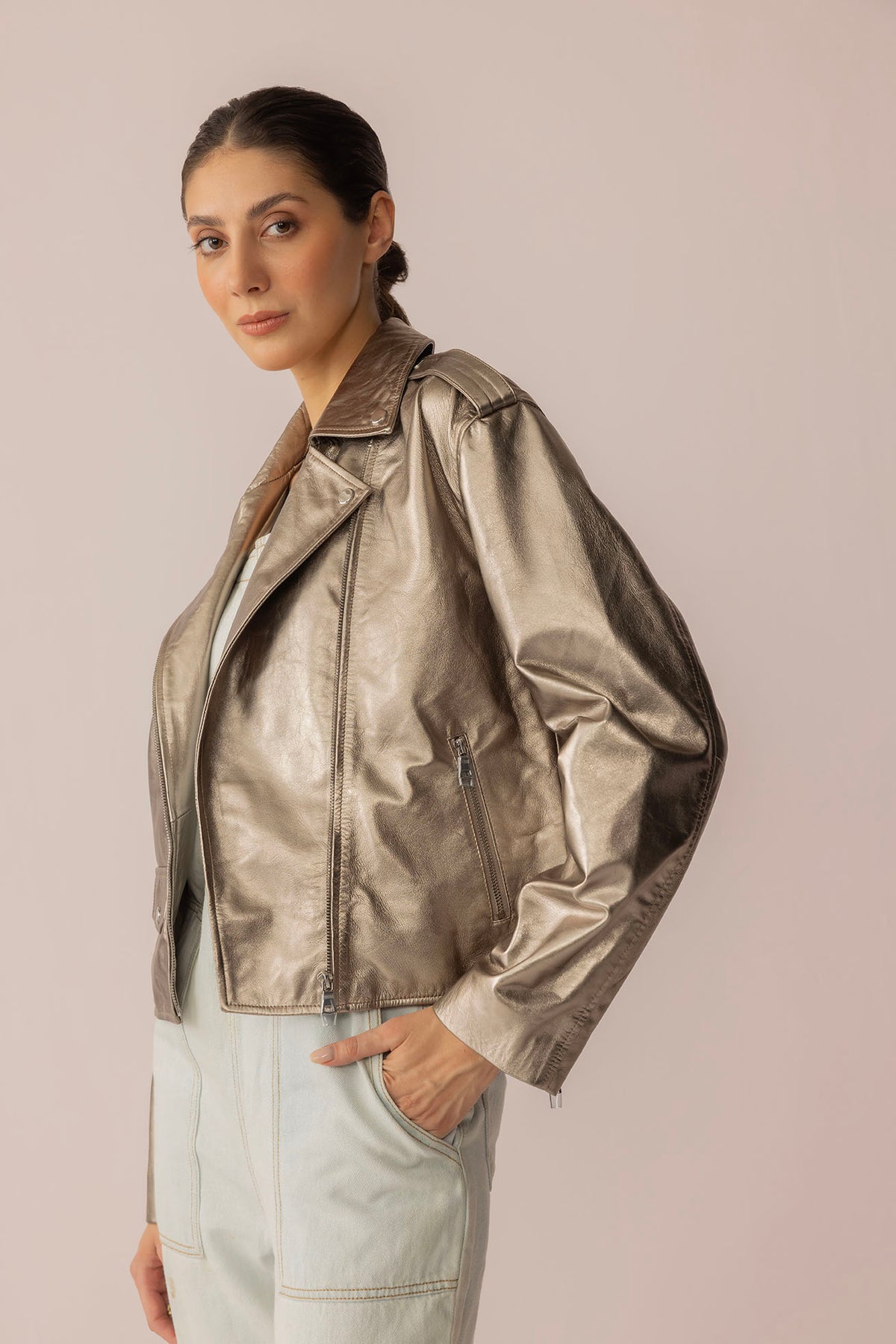Astrid Shimmer Leather Jacket in Cosmic Silver - Myra USA