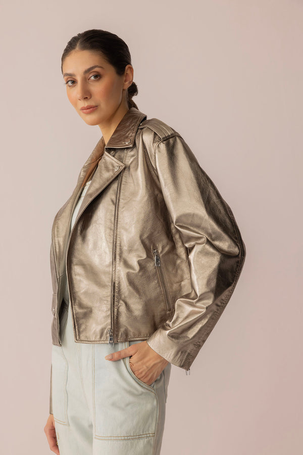Astrid Shimmer Leather Jacket in Cosmic Silver - Myra USA