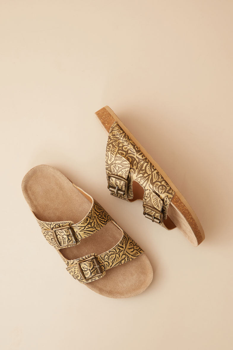 Myra Rio Amarillo Embossed Leather Sandals for Women in Beige â€“ Dual Buckle Design, Cork Sole Comfort, Western Slip-on