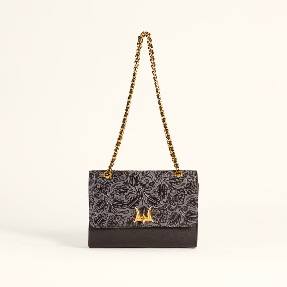 Loyal West Savi Small Embossed & Grained Leather Bag - Charcoal - Myra USA