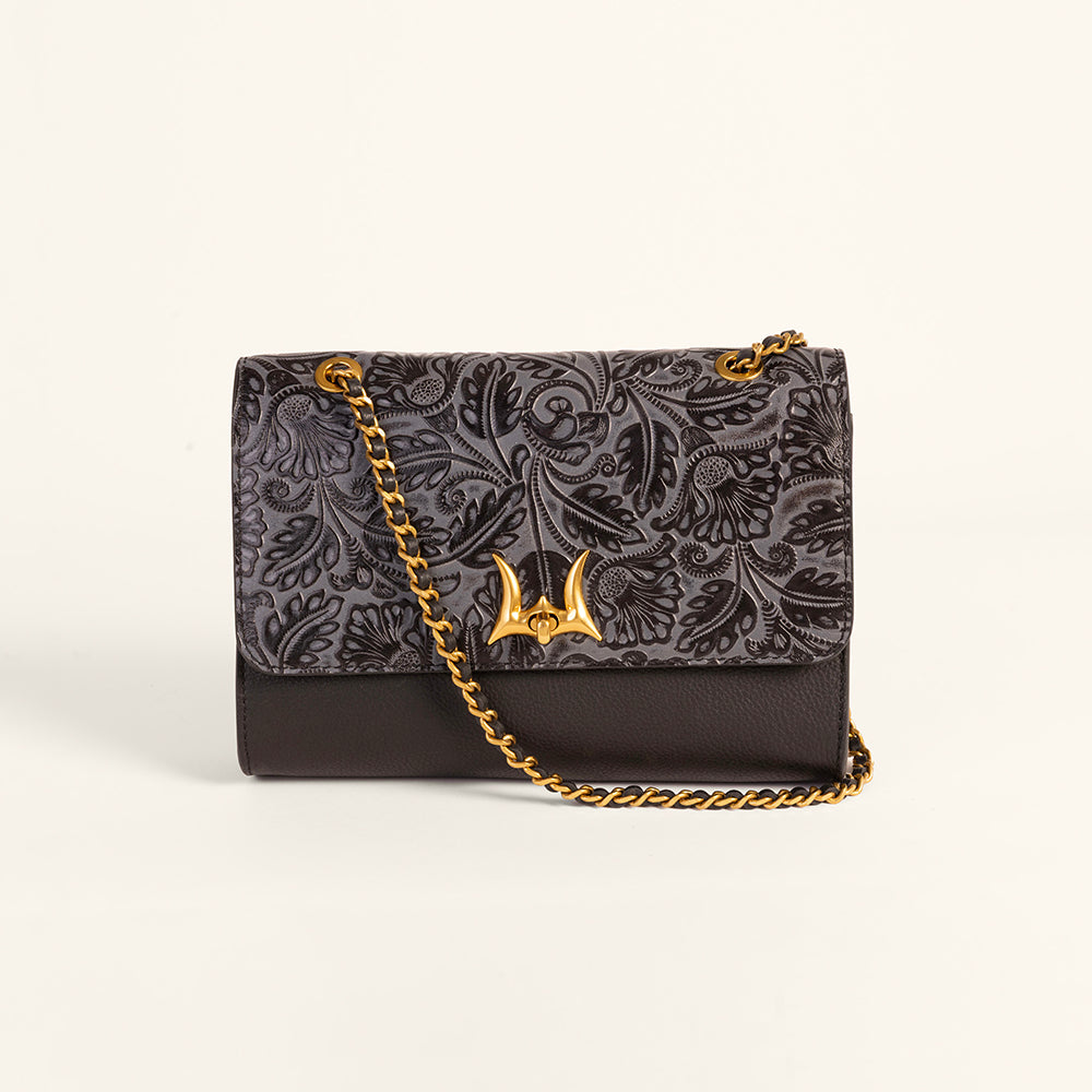 Loyal West Savi Small Embossed & Grained Leather Bag - Charcoal - Myra USA