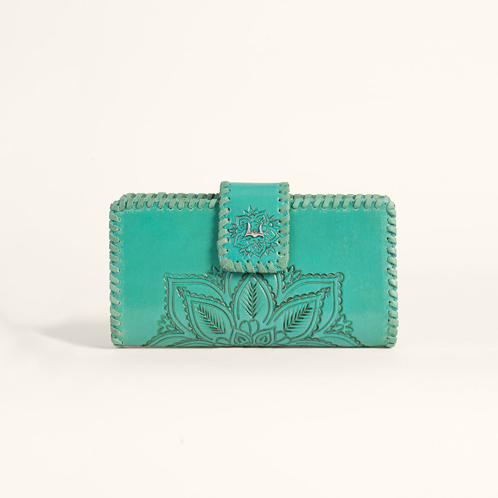 Loyal West Desert Lotus Wallet  - Turquoise  Handtooled Leather & Calfskin - Myra USA