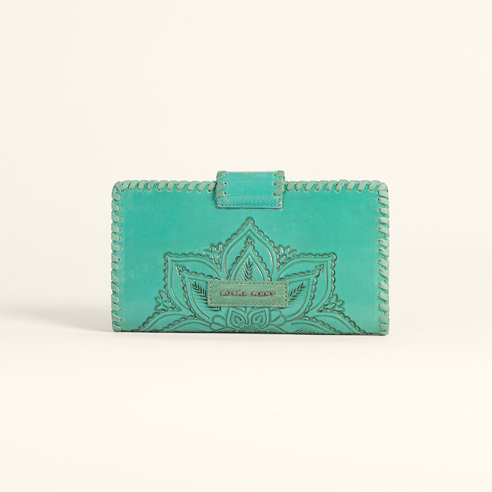 Loyal West Desert Lotus Wallet  - Turquoise  Handtooled Leather & Calfskin - Myra USA