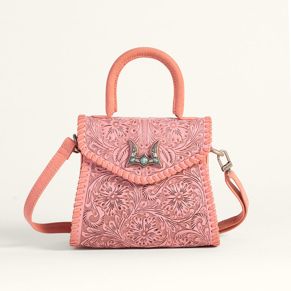 Loyal West Leon Mini Handle Purse - Pink Handtooled Leather & Calfskin - Myra USA