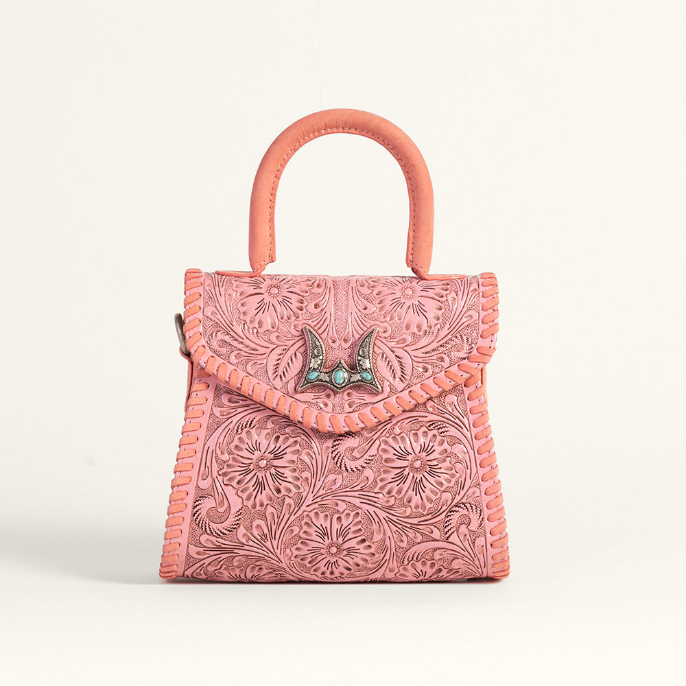 Loyal West Leon Mini Handle Purse - Pink Handtooled Leather & Calfskin - Myra USA