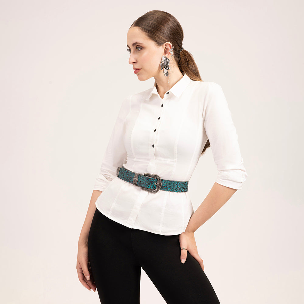 Loyal West Sophia Belt- Turquoise Floral Leather - Myra USA