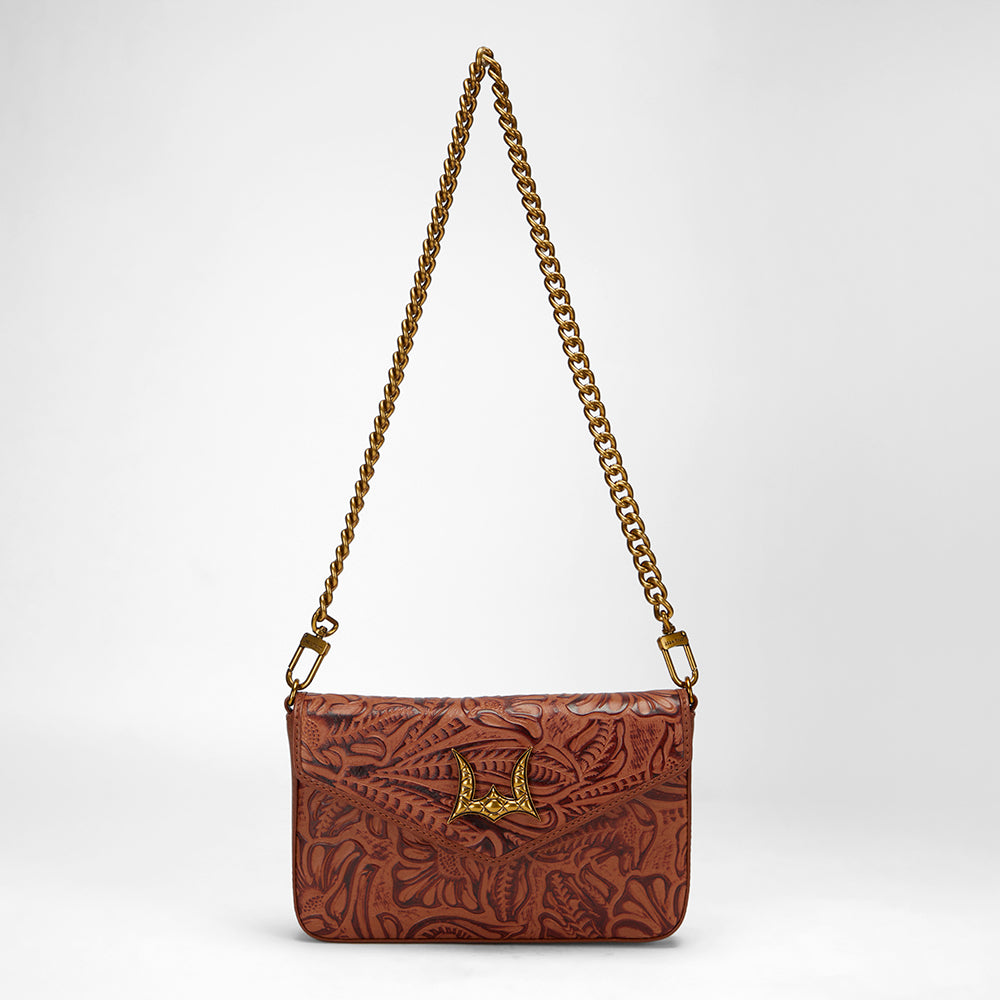 Loyal West LW ON THE GO MINI CHAIN BAG IN HAND FINISHED EMBOSSED LEATHER - BROWN - Myra USA
