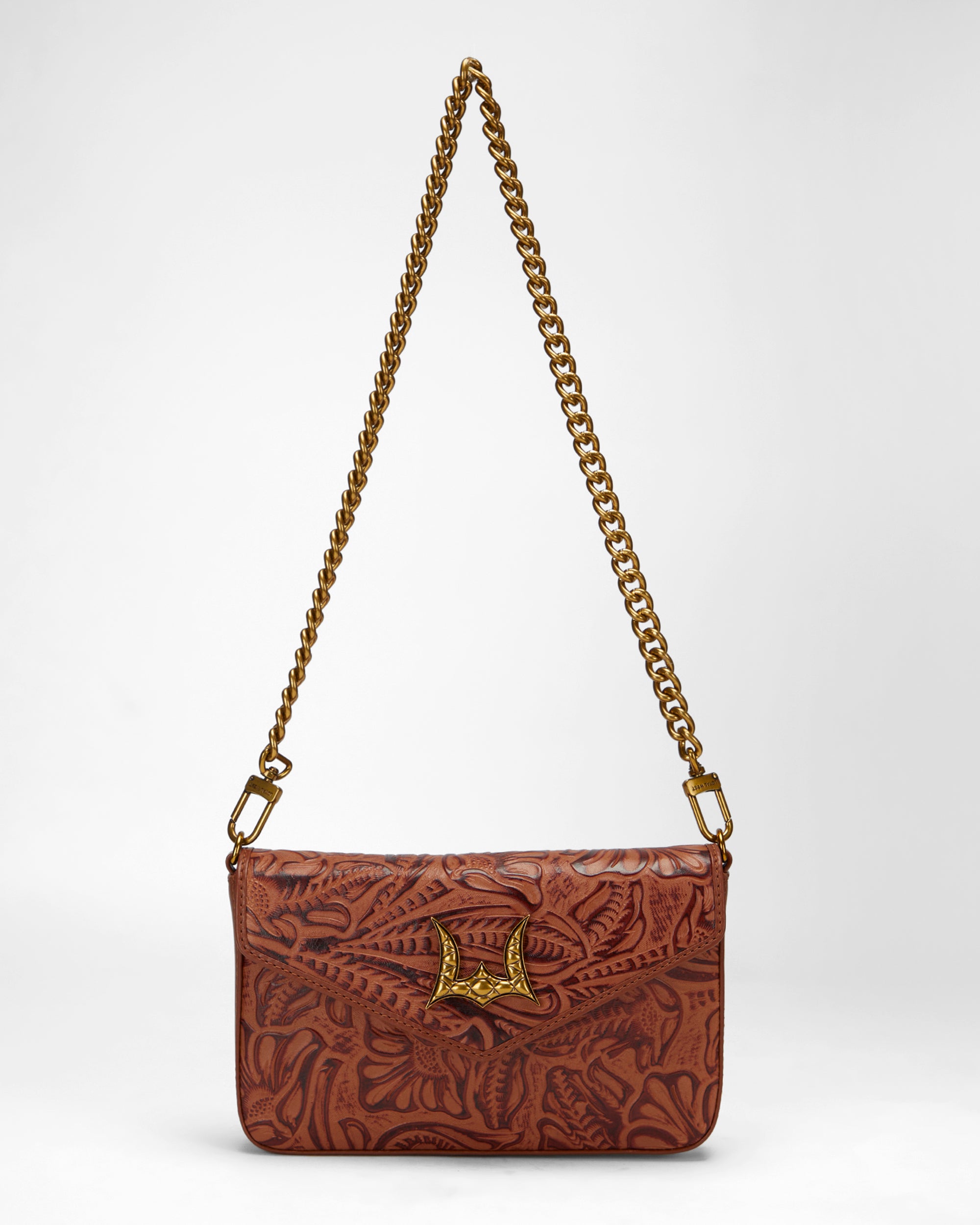Loyal West LW ON THE GO MINI CHAIN BAG IN HAND FINISHED EMBOSSED LEATHER - BROWN