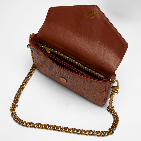 Loyal West LW ON THE GO MINI CHAIN BAG IN HAND FINISHED EMBOSSED LEATHER - BROWN - Myra USA