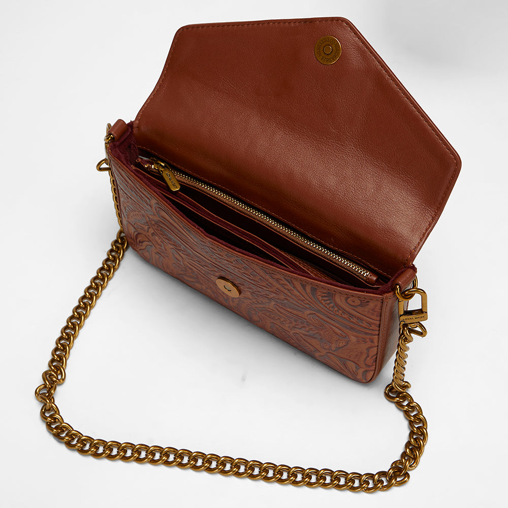 Loyal West LW ON THE GO MINI CHAIN BAG IN HAND FINISHED EMBOSSED LEATHER - BROWN - Myra USA