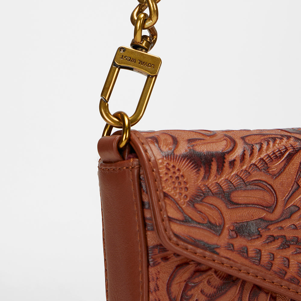 Loyal West LW ON THE GO MINI CHAIN BAG IN HAND FINISHED EMBOSSED LEATHER - BROWN - Myra USA