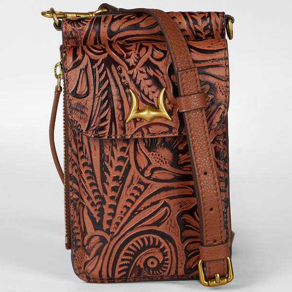 Loyal West SHELL PHONE BAG  IN HAND FINISHED EMBOSSED LEATHER - BROWN - Myra USA