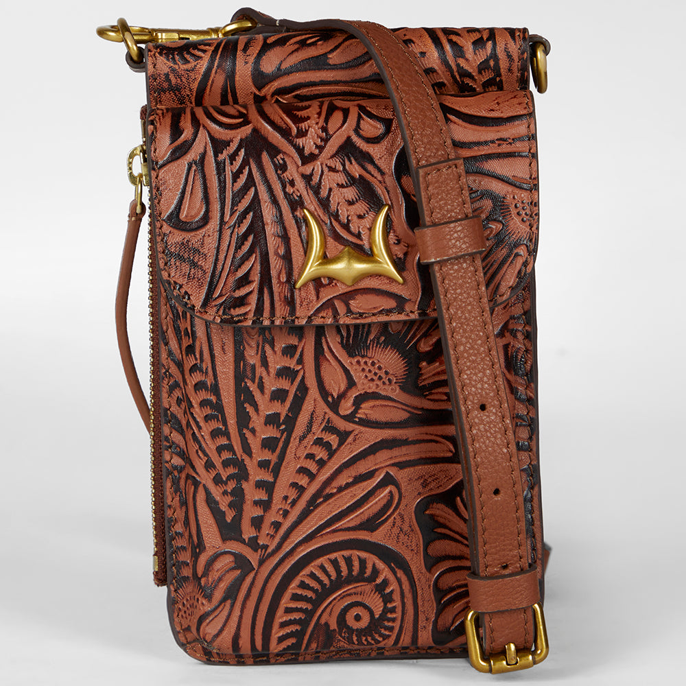 Loyal West SHELL PHONE BAG  IN HAND FINISHED EMBOSSED LEATHER - BROWN - Myra USA