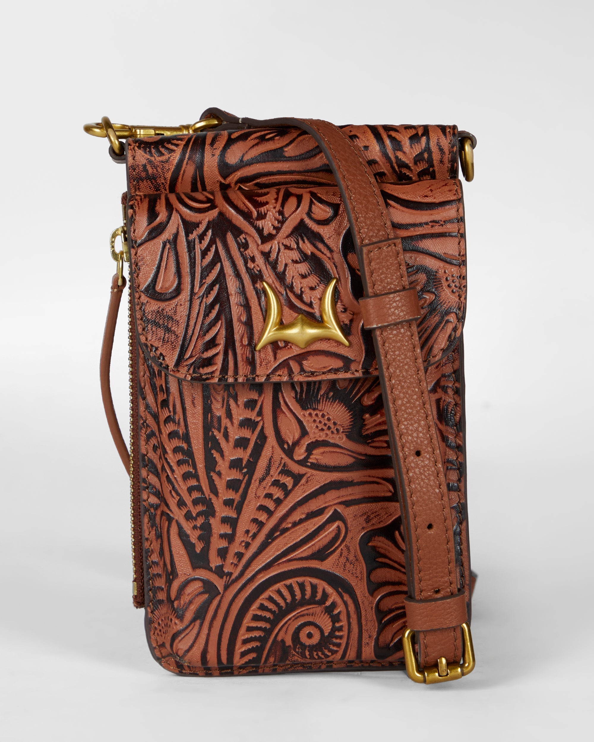 Loyal West SHELL PHONE BAG  IN HAND FINISHED EMBOSSED LEATHER - BROWN