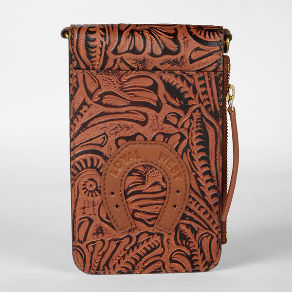 Loyal West SHELL PHONE BAG  IN HAND FINISHED EMBOSSED LEATHER - BROWN - Myra USA