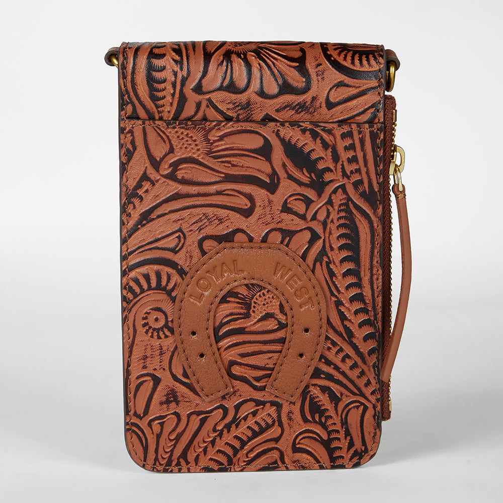Loyal West SHELL PHONE BAG  IN HAND FINISHED EMBOSSED LEATHER - BROWN - Myra USA
