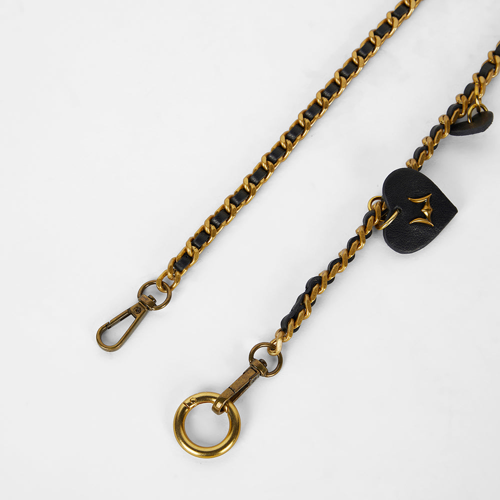 Loyal West HEART CHARM CHAIN IN BLACK CALF LEATHER (2 In 1 Crossbody Chain) - Myra USA