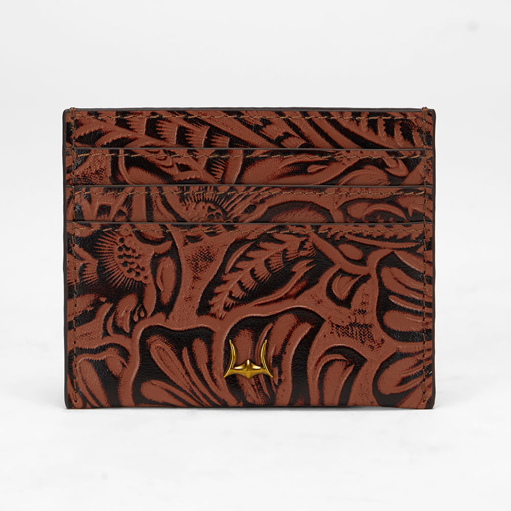 Loyal West SHELL CARD HOLDER  IN HAND FINISHED EMBOSSED LEATHER - BROWN - Myra USA