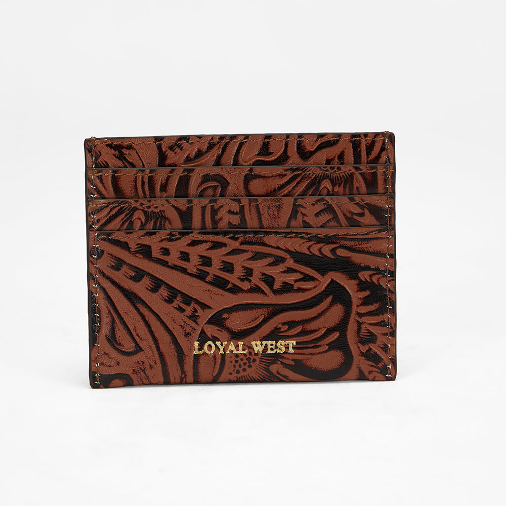 Loyal West SHELL CARD HOLDER  IN HAND FINISHED EMBOSSED LEATHER - BROWN - Myra USA
