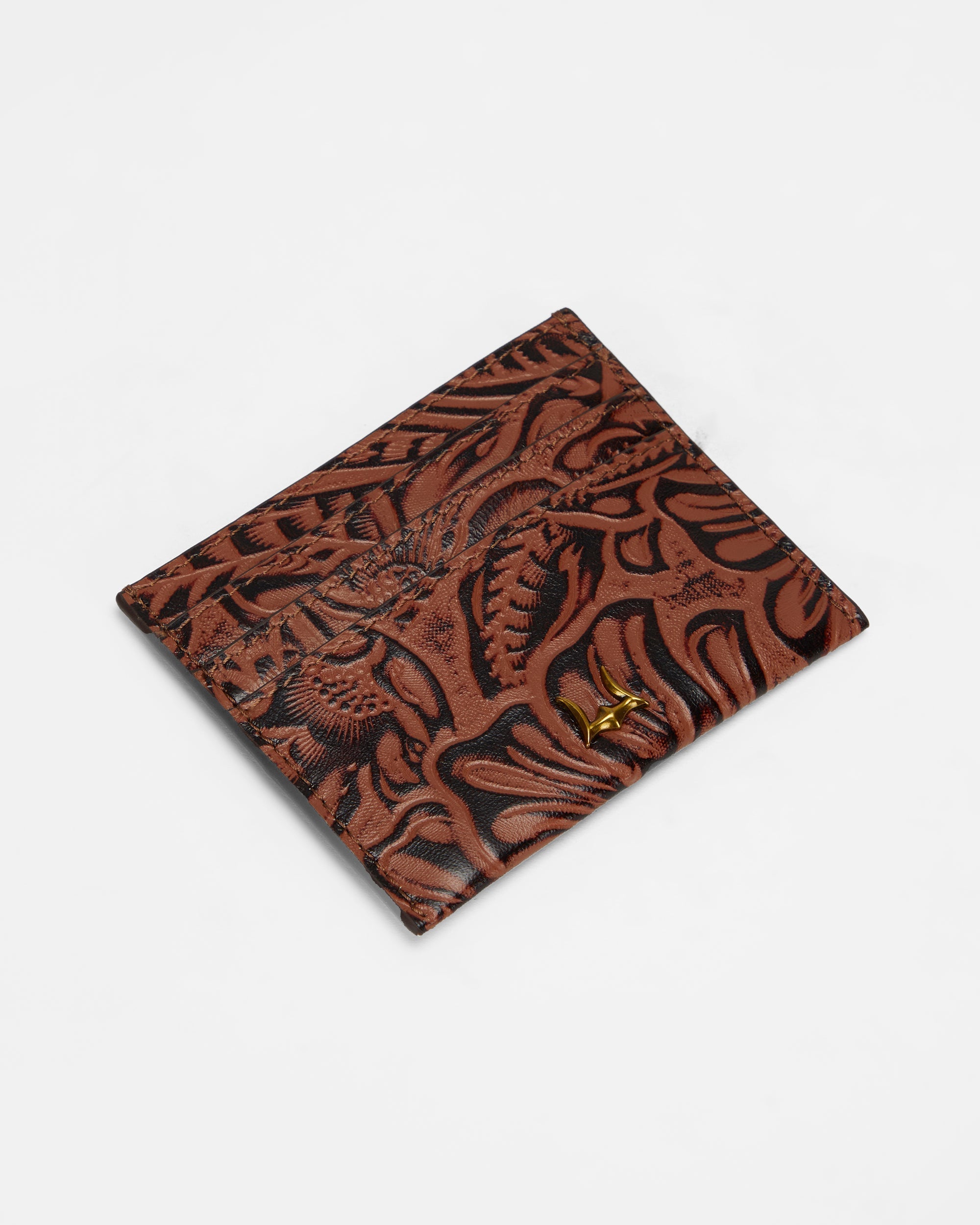 Loyal West SHELL CARD HOLDER  IN HAND FINISHED EMBOSSED LEATHER - BROWN