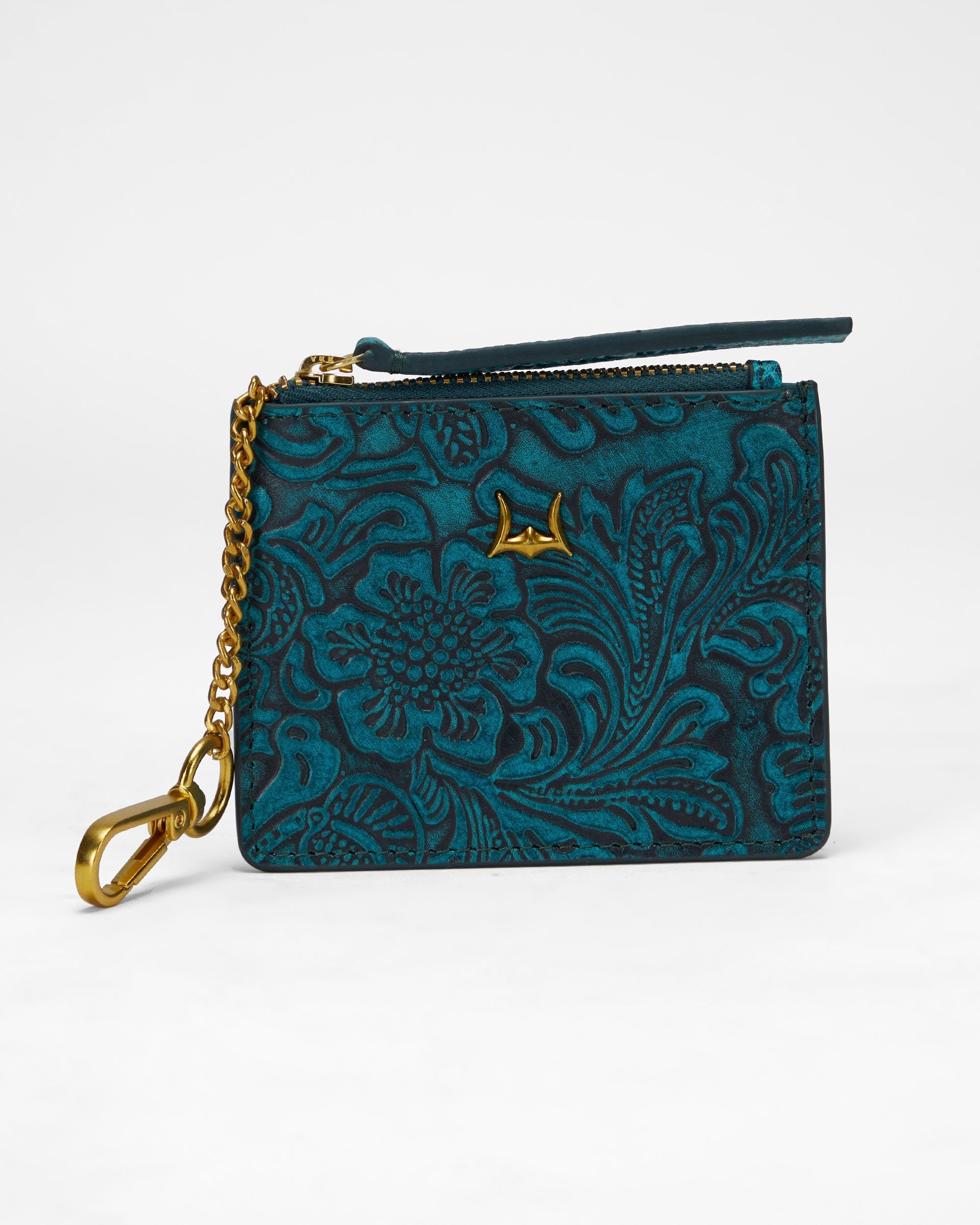 Loyal West SOPHIA CREDIT CARD HOLDER IN HAND FINISHED EMBOSSED LEATHER -  TURQUOISE