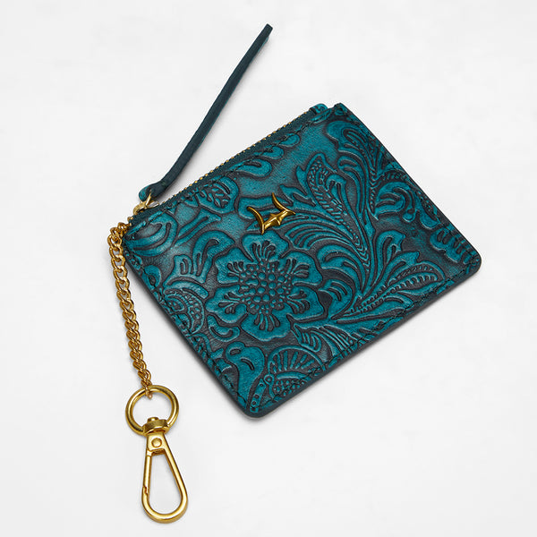 Loyal West SOPHIA CREDIT CARD HOLDER IN HAND FINISHED EMBOSSED LEATHER -  TURQUOISE - Myra USA