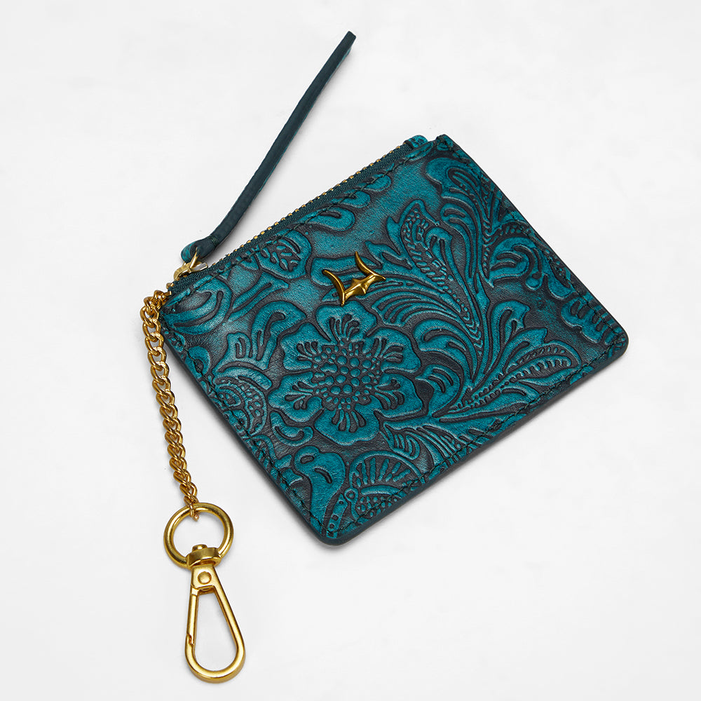 Loyal West SOPHIA CREDIT CARD HOLDER IN HAND FINISHED EMBOSSED LEATHER -  TURQUOISE - Myra USA