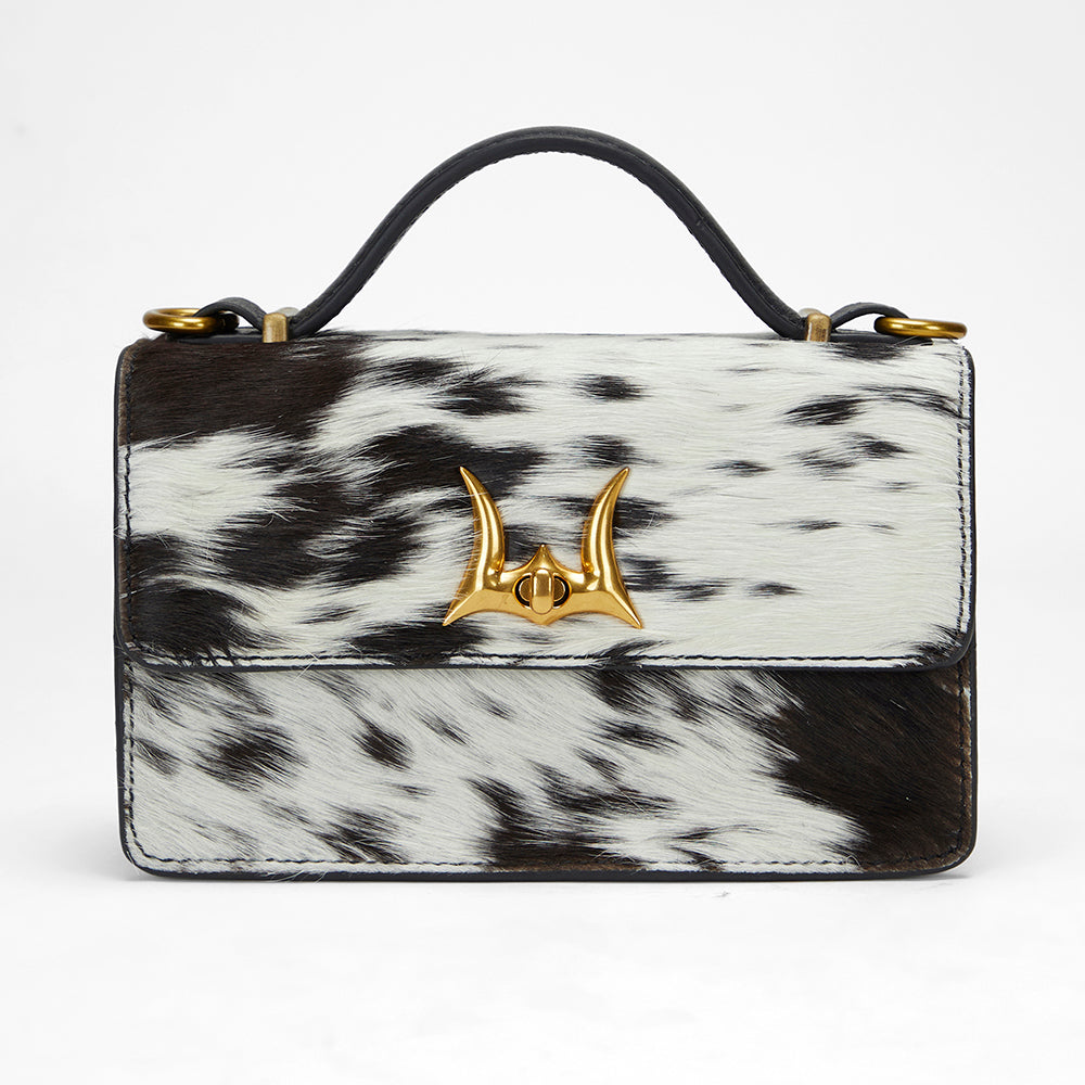 Loyal West VALENCIA OSTRICH LEATHER BAG - BLACK & WHITE COWHIDE - Myra USA