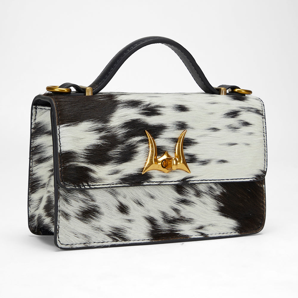 Loyal West VALENCIA OSTRICH LEATHER BAG - BLACK & WHITE COWHIDE - Myra USA