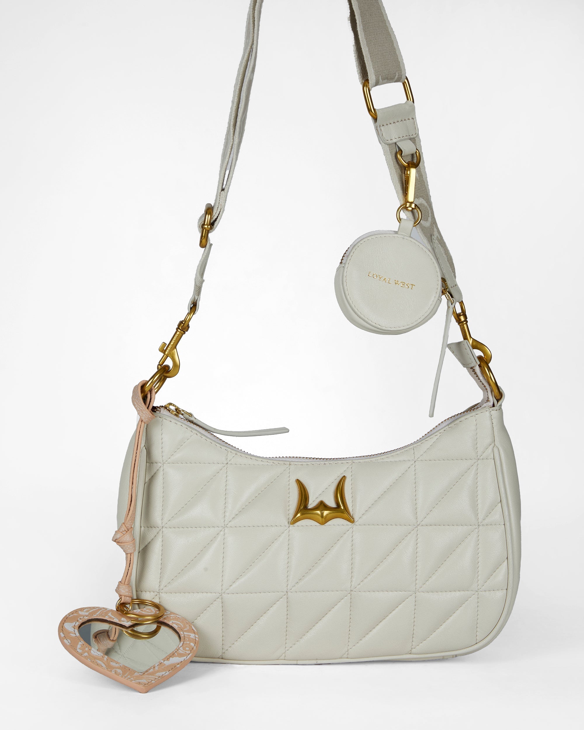 Loyal West HEART SHAPE BAG CHARM IN HAND FINISHED EMBOSSED LEATHER - WHITE