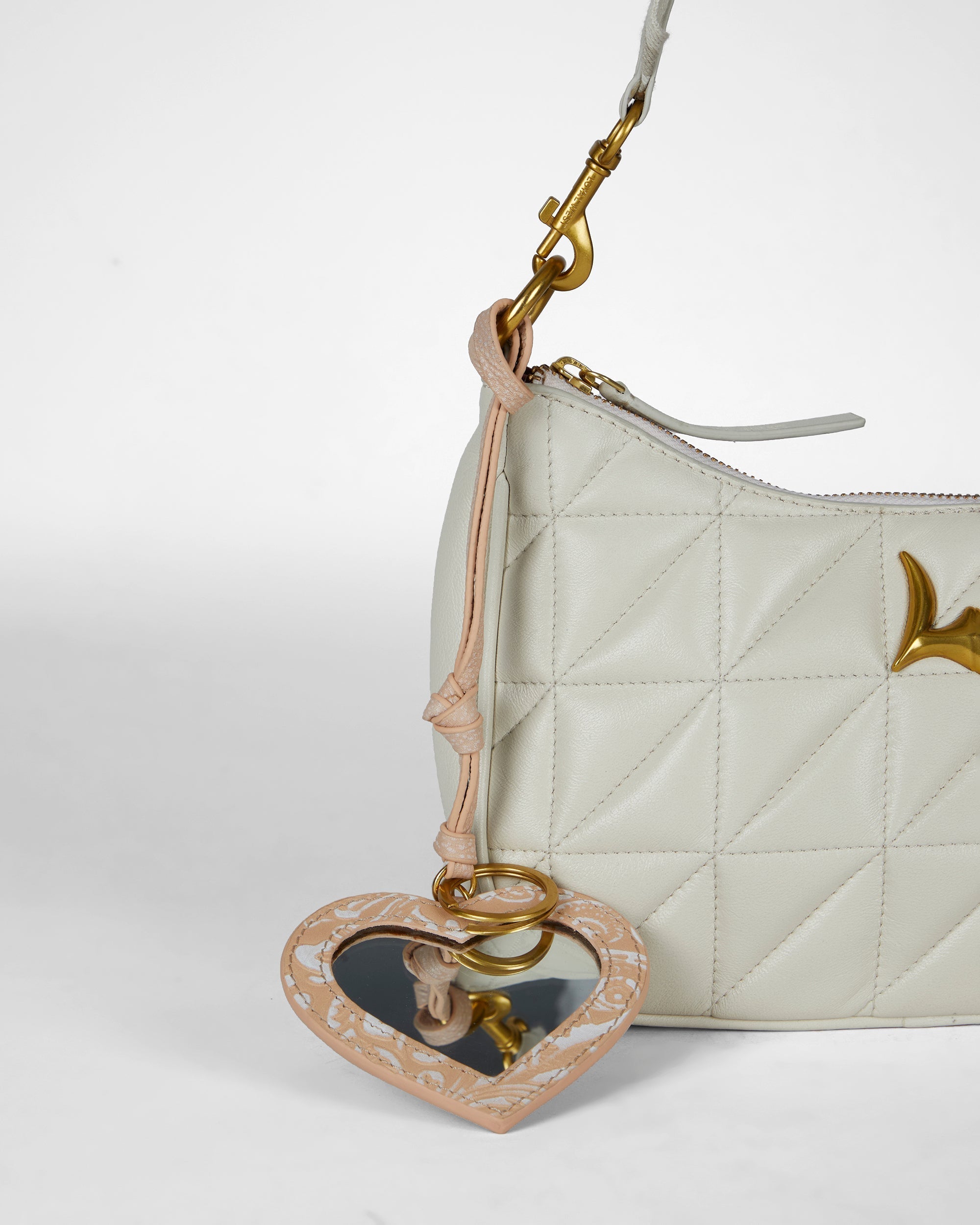 Loyal West HEART SHAPE BAG CHARM IN HAND FINISHED EMBOSSED LEATHER - WHITE