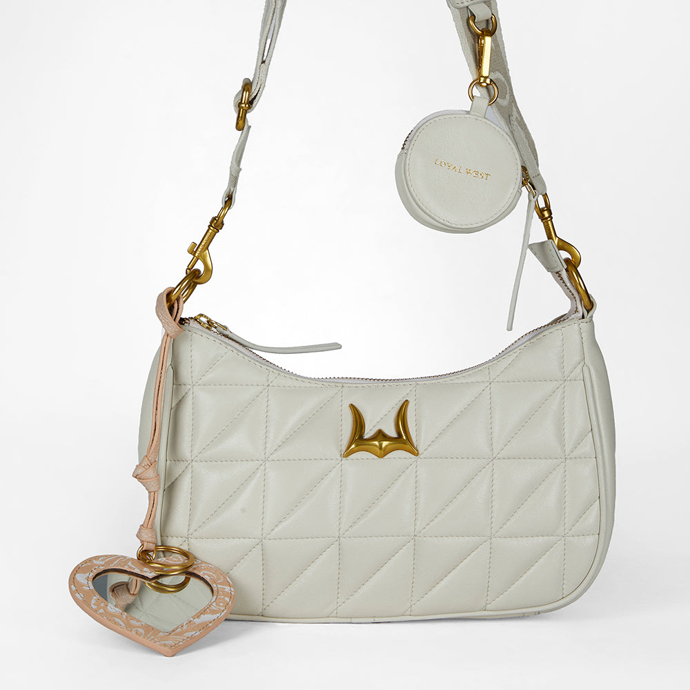 Loyal West HEART SHAPE BAG CHARM IN HAND FINISHED EMBOSSED LEATHER - WHITE
