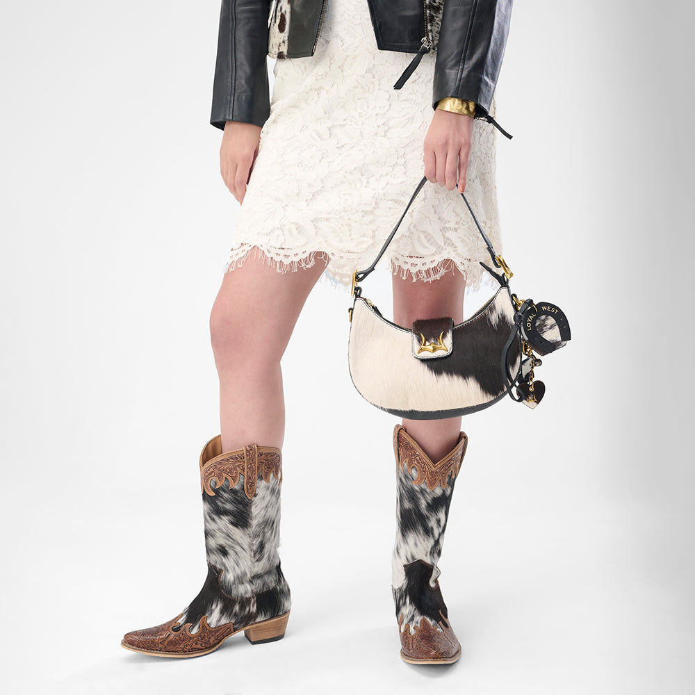 Loyal West HEART SHAPE KEYCHAIN IN BLACK & WHITE COWHIDE LEATHER - Myra USA