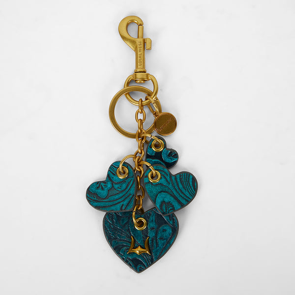 Loyal West HEART SHAPE KEYCHAIN IN HAND FINISHED EMBOSSED LEATHER -  TURQUOISE - Myra USA