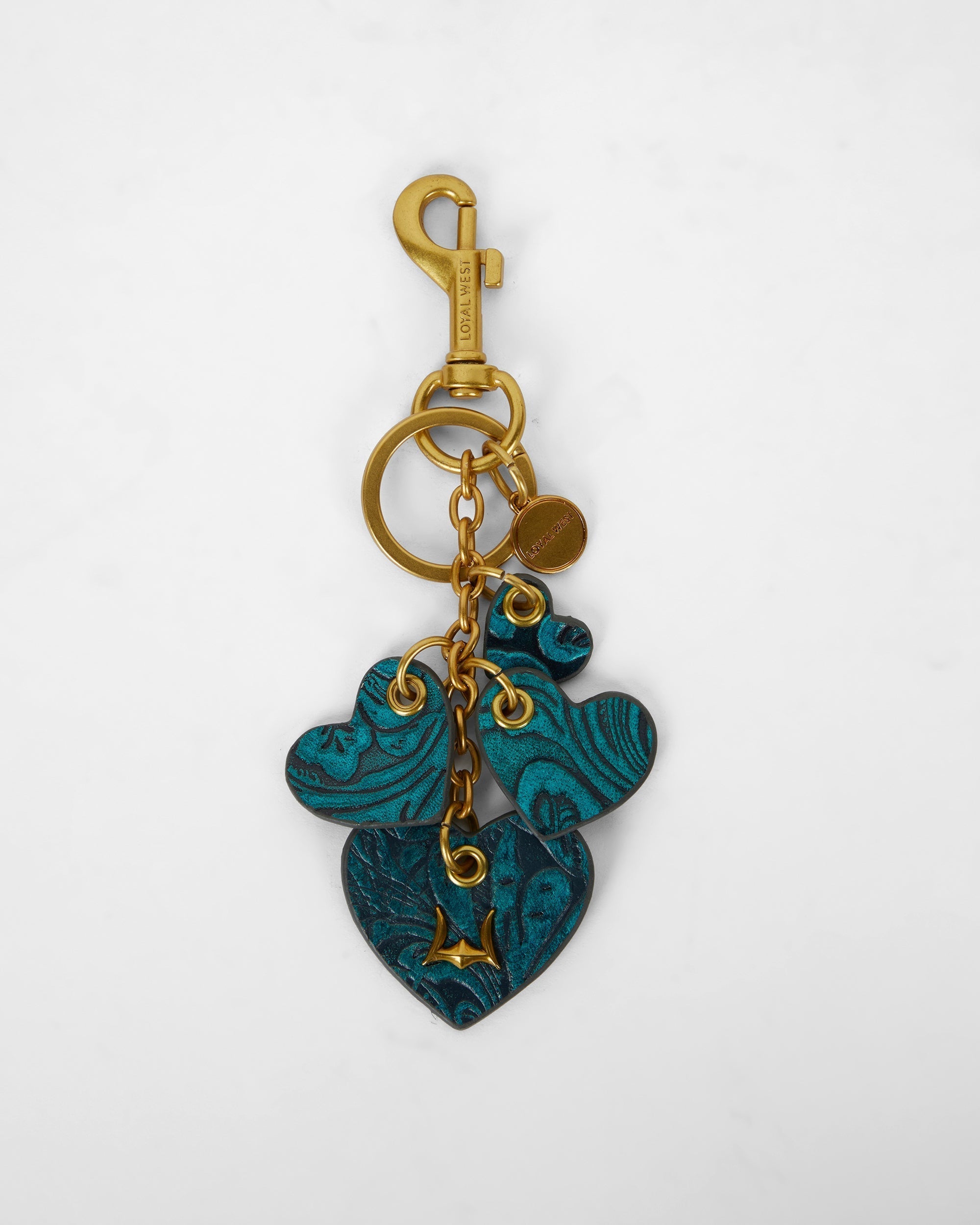 Loyal West HEART SHAPE KEYCHAIN IN HAND FINISHED EMBOSSED LEATHER -  TURQUOISE