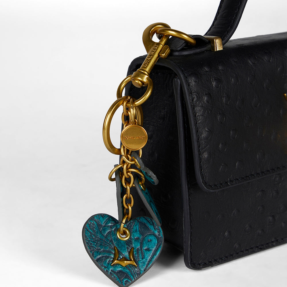 Loyal West HEART SHAPE KEYCHAIN IN HAND FINISHED EMBOSSED LEATHER -  TURQUOISE - Myra USA