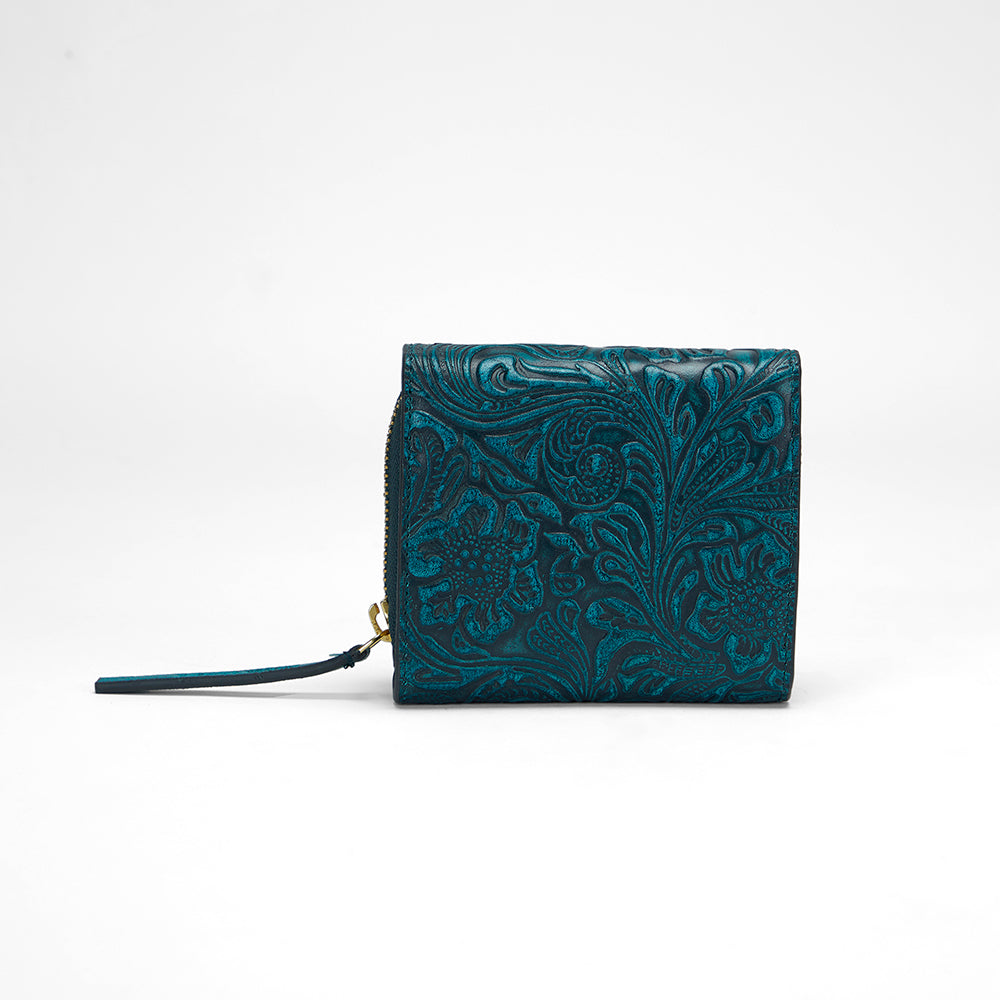 Loyal West SOPHIA CARD HOLDER IN HAND FINISHED EMBOSSED LEATHER -  TURQUOISE - Myra USA