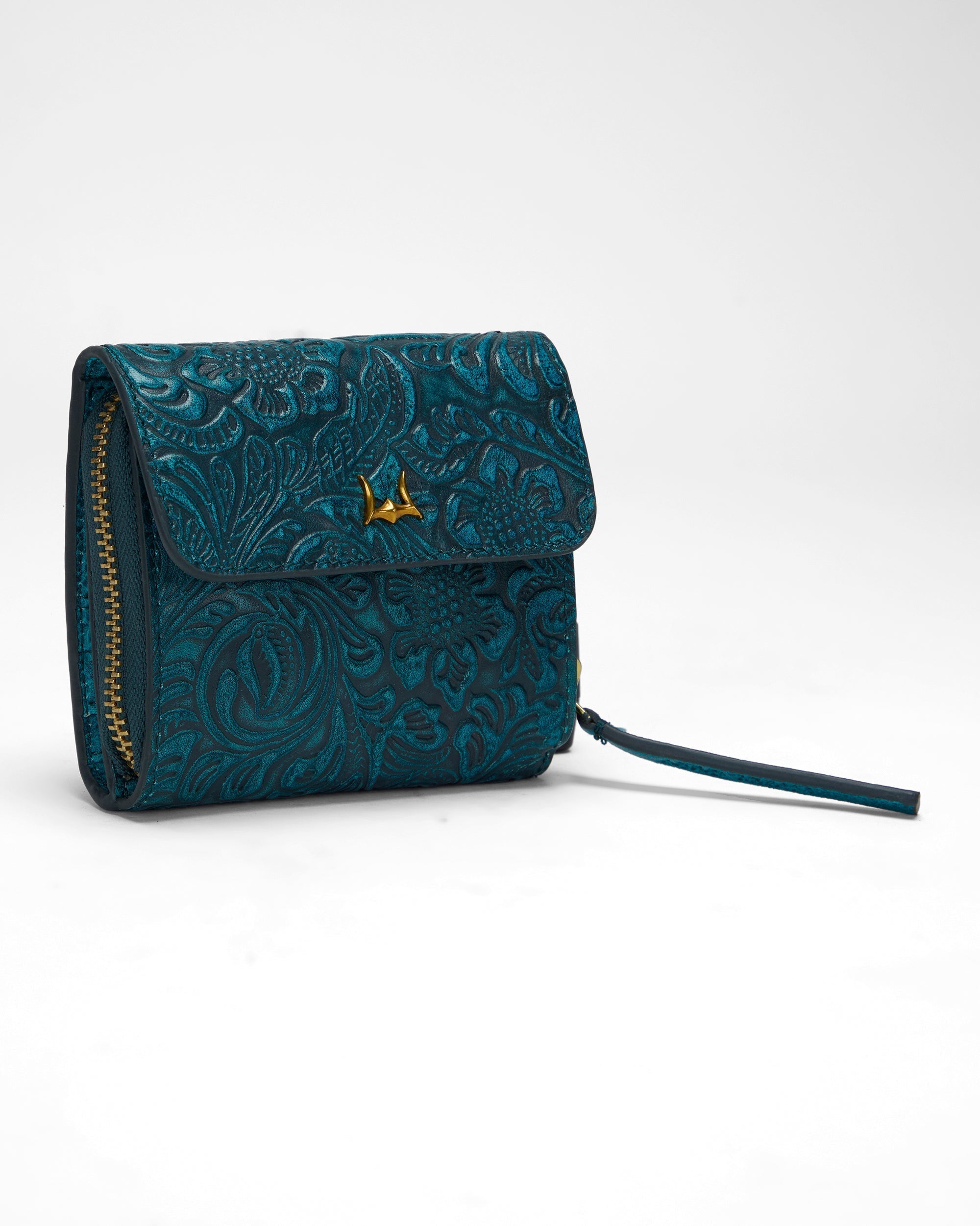 Loyal West SOPHIA CARD HOLDER IN HAND FINISHED EMBOSSED LEATHER -  TURQUOISE