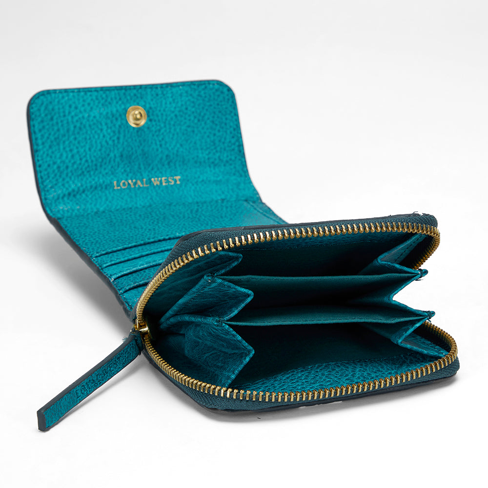 Loyal West SOPHIA CARD HOLDER IN HAND FINISHED EMBOSSED LEATHER -  TURQUOISE - Myra USA