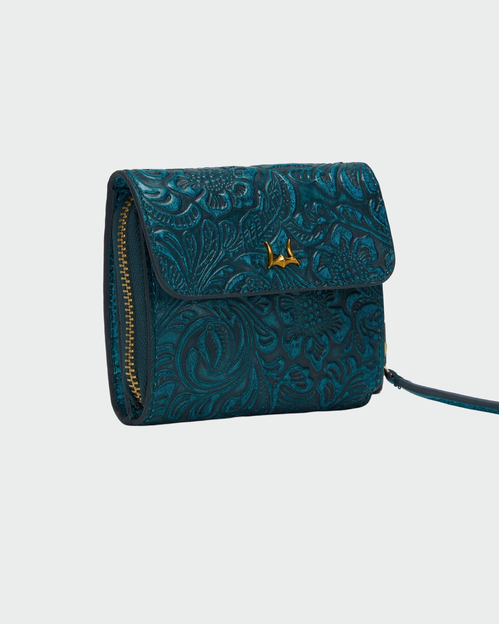 Loyal West SOPHIA CARD HOLDER IN HAND FINISHED EMBOSSED LEATHER -  TURQUOISE